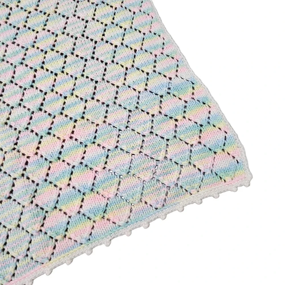 Vintage Handmade Pastel Rainbow Knit Baby Blanket‎ Crocheted Trim Unisex Grandma